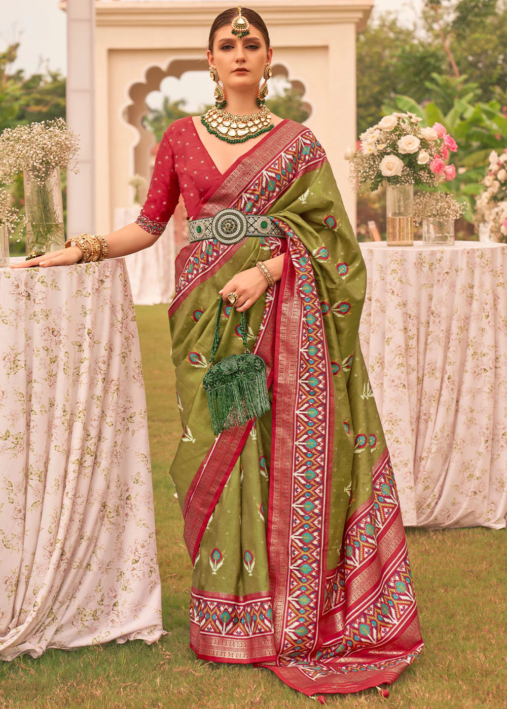 OLIVE GREEN PRINTED PATOLA DESIGNER SILK SAREE