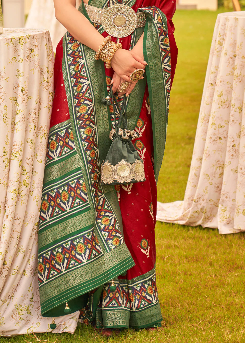 RUBY RED & GREEN PRINTED PATOLA DESIGNER SILK SAREE