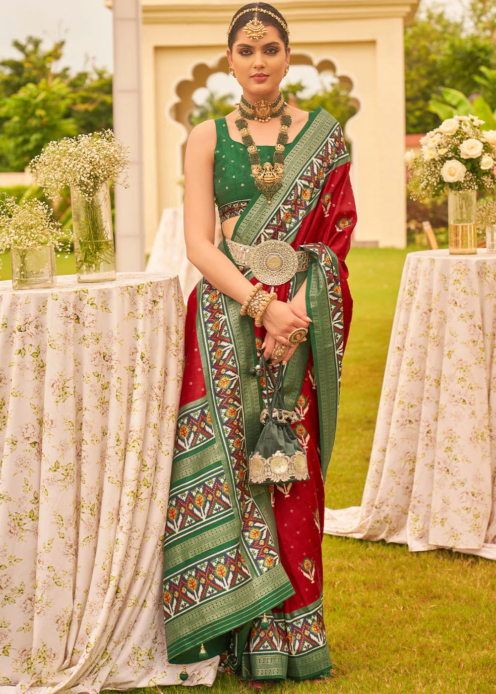 RUBY RED & GREEN PRINTED PATOLA DESIGNER SILK SAREE