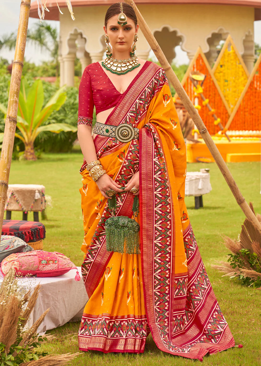 MUSTARD YELLOW PRINTED PATOLA DESIGNER SILK SAREE