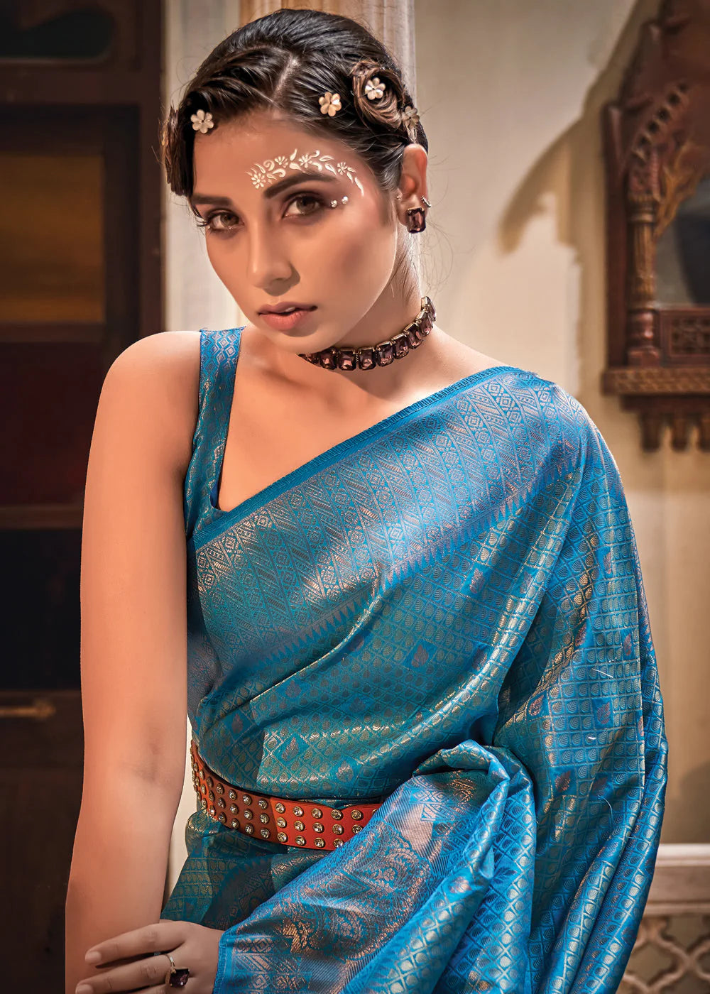 TEAL BLUE TWO TONE HANDLOOM WEAVING KANJIVARAM SILK SAREE