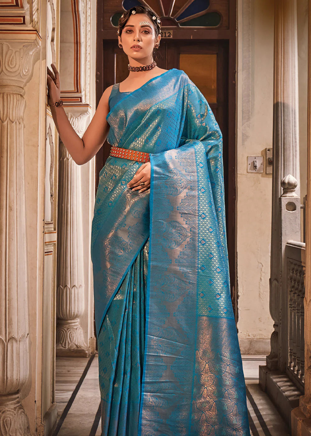 TEAL BLUE TWO TONE HANDLOOM WEAVING KANJIVARAM SILK SAREE