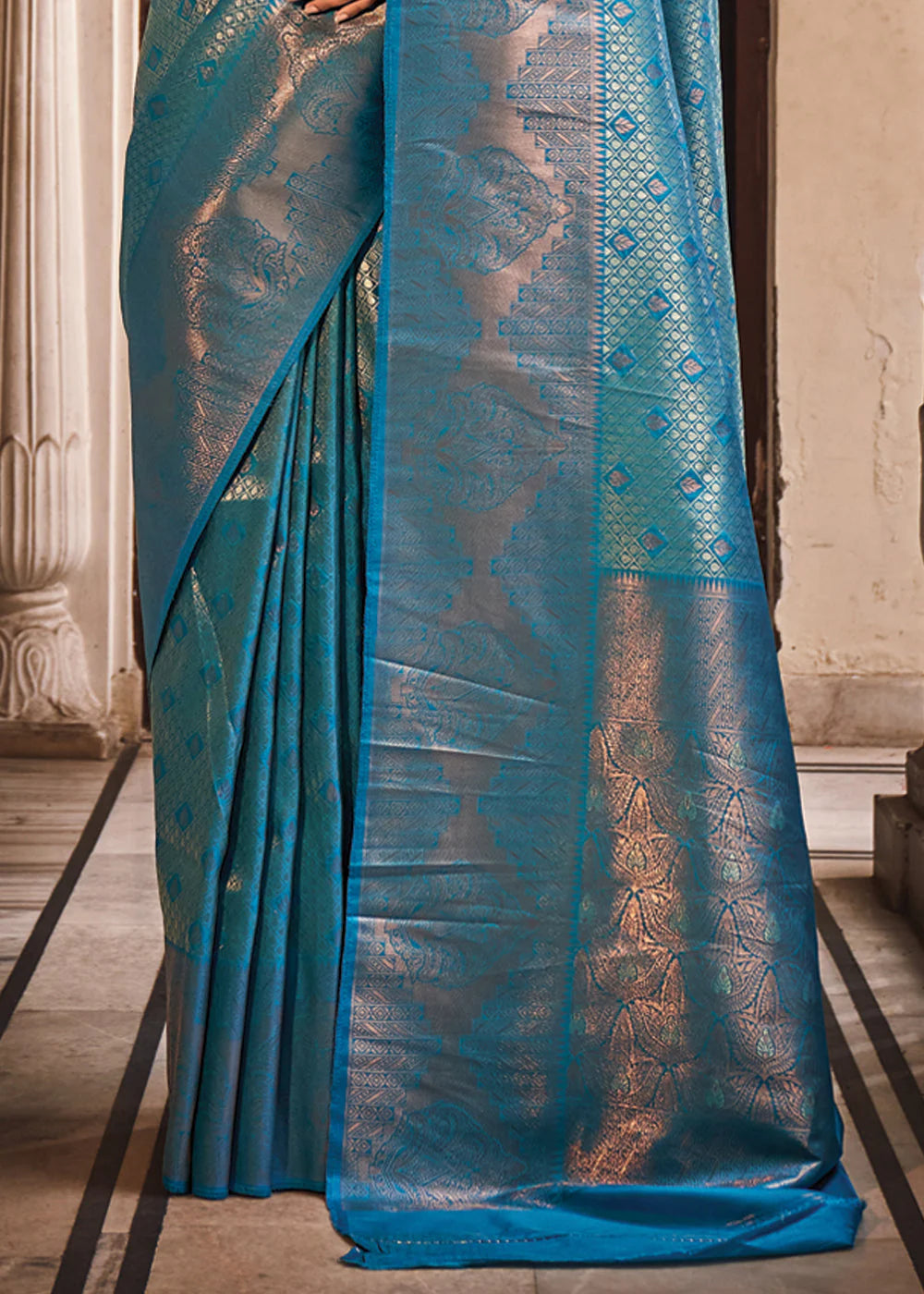 TEAL BLUE TWO TONE HANDLOOM WEAVING KANJIVARAM SILK SAREE