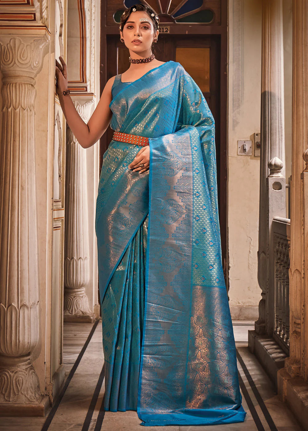 TEAL BLUE TWO TONE HANDLOOM WEAVING KANJIVARAM SILK SAREE