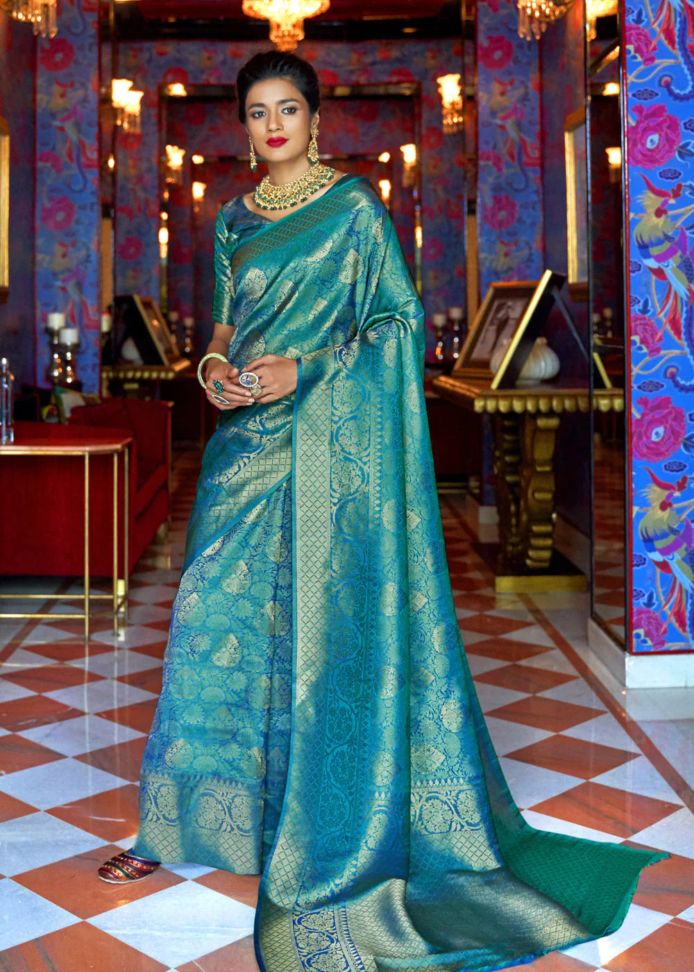 Golden Blue Symphony Woven Kanjivaram Silk Saree