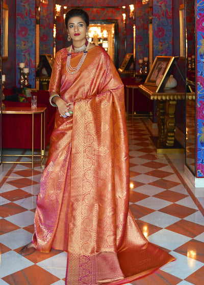 Regal Crimson Golden Red Woven Kanjivaram Silk Saree