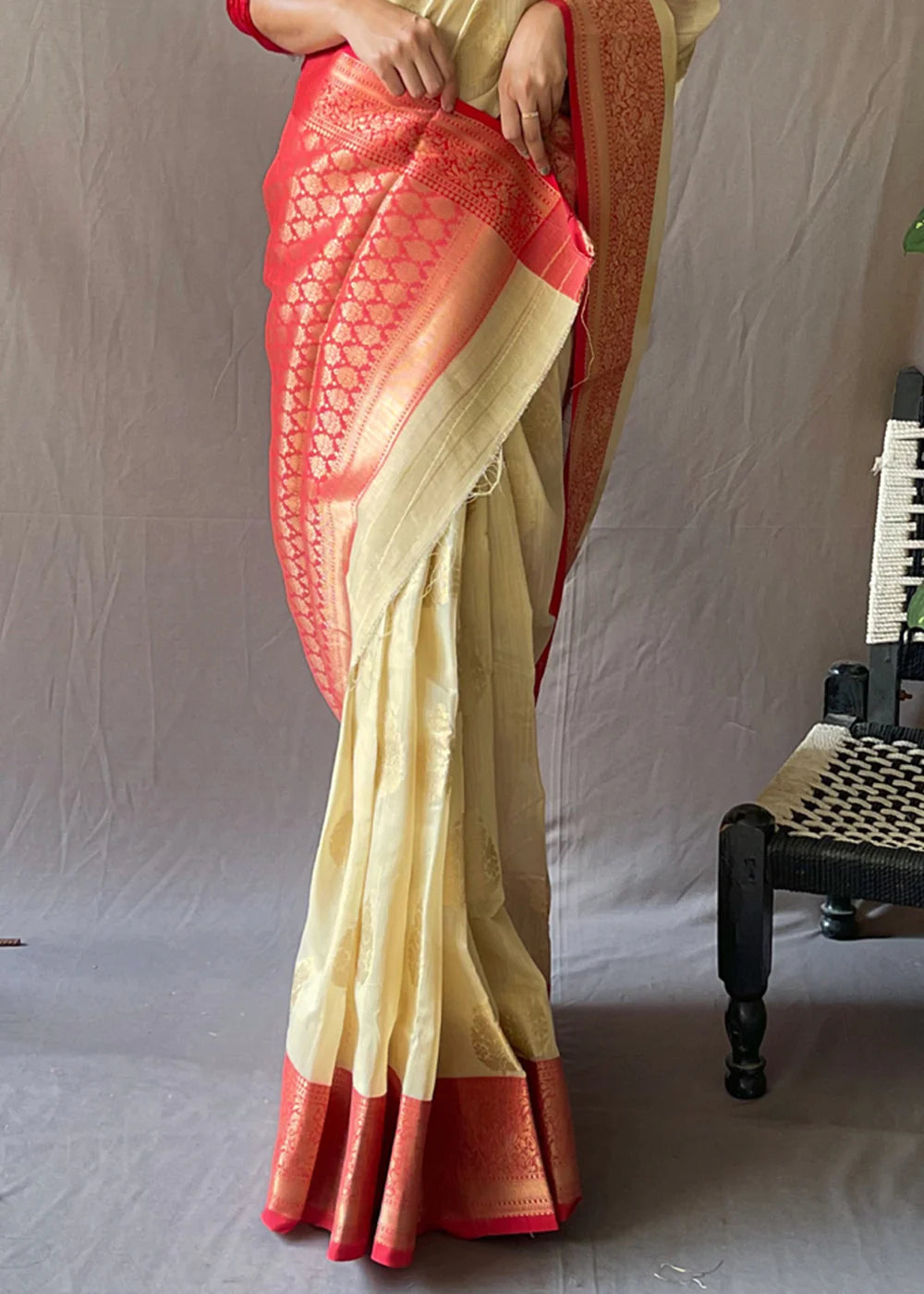 WHEAT BROWN Linen  Banarasi Silk Saree