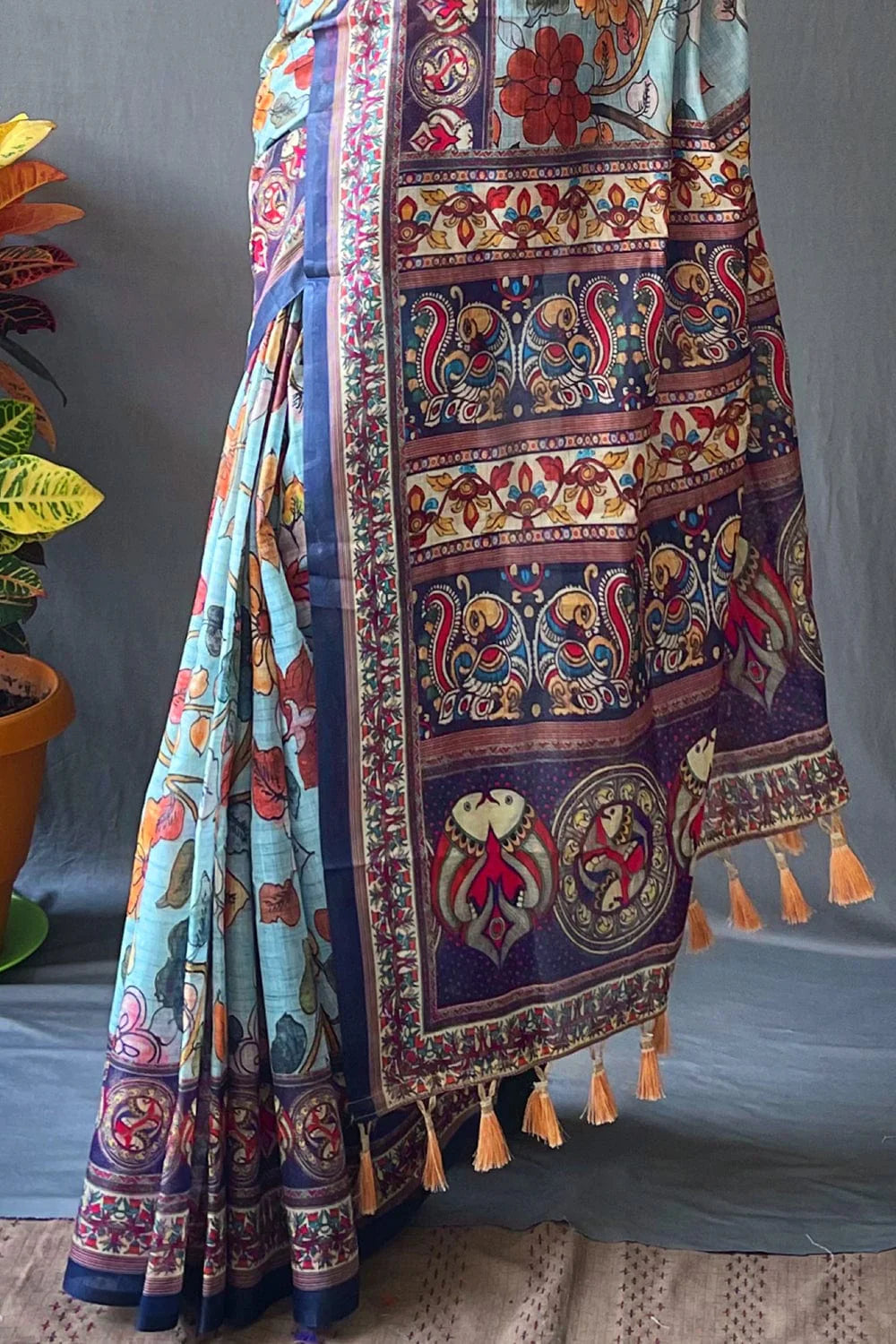 SKY BLUE KALAMKARI PRINTED SOFT COTTON SAREE