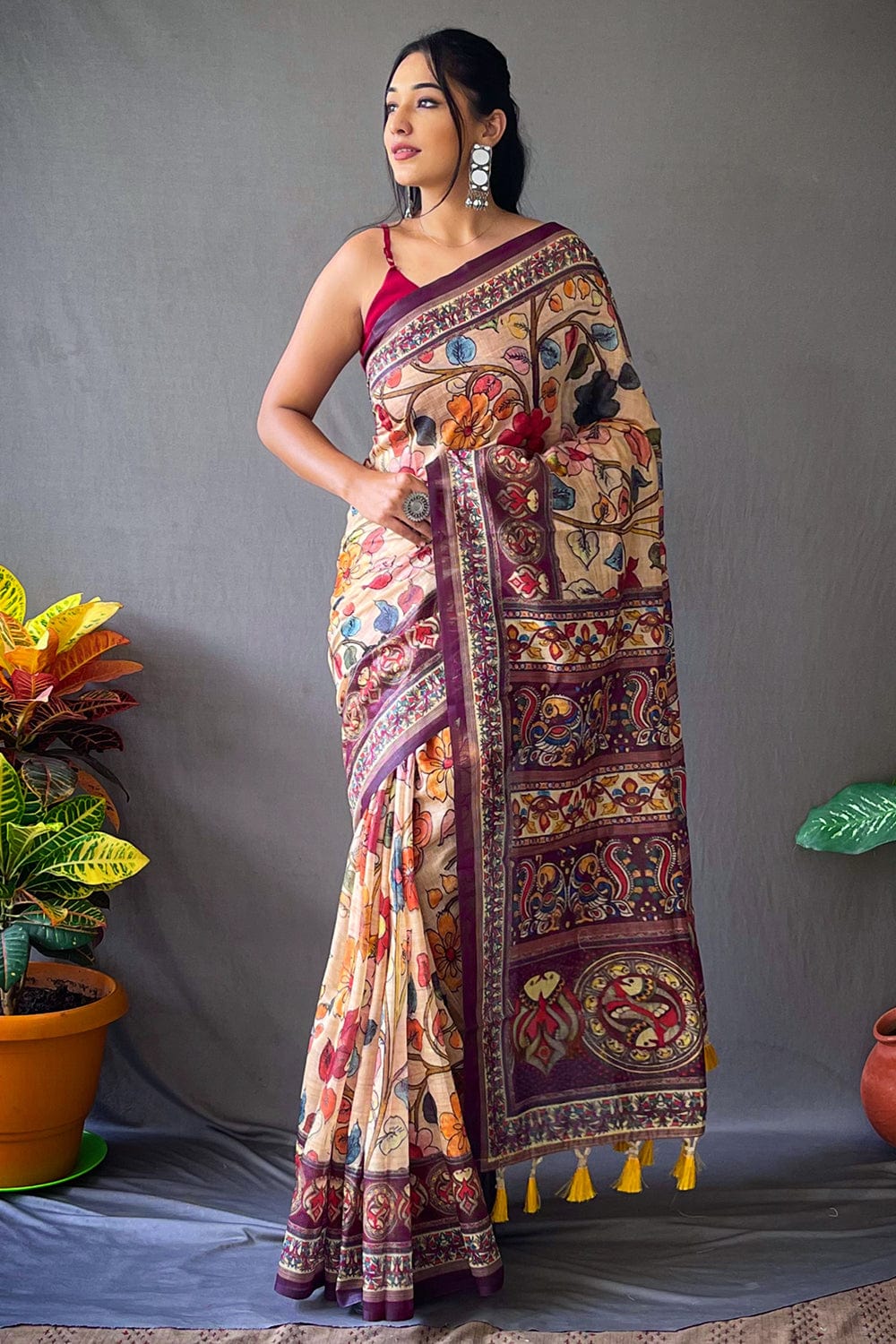 PEACH ORANGE KALAMKARI PRINTED SOFT COTTON SAREE