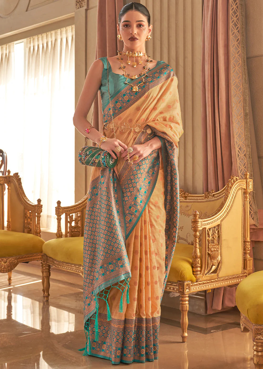 YELLOW BAMBOO COPPER ZARI HANDLOOM SILK SAREE