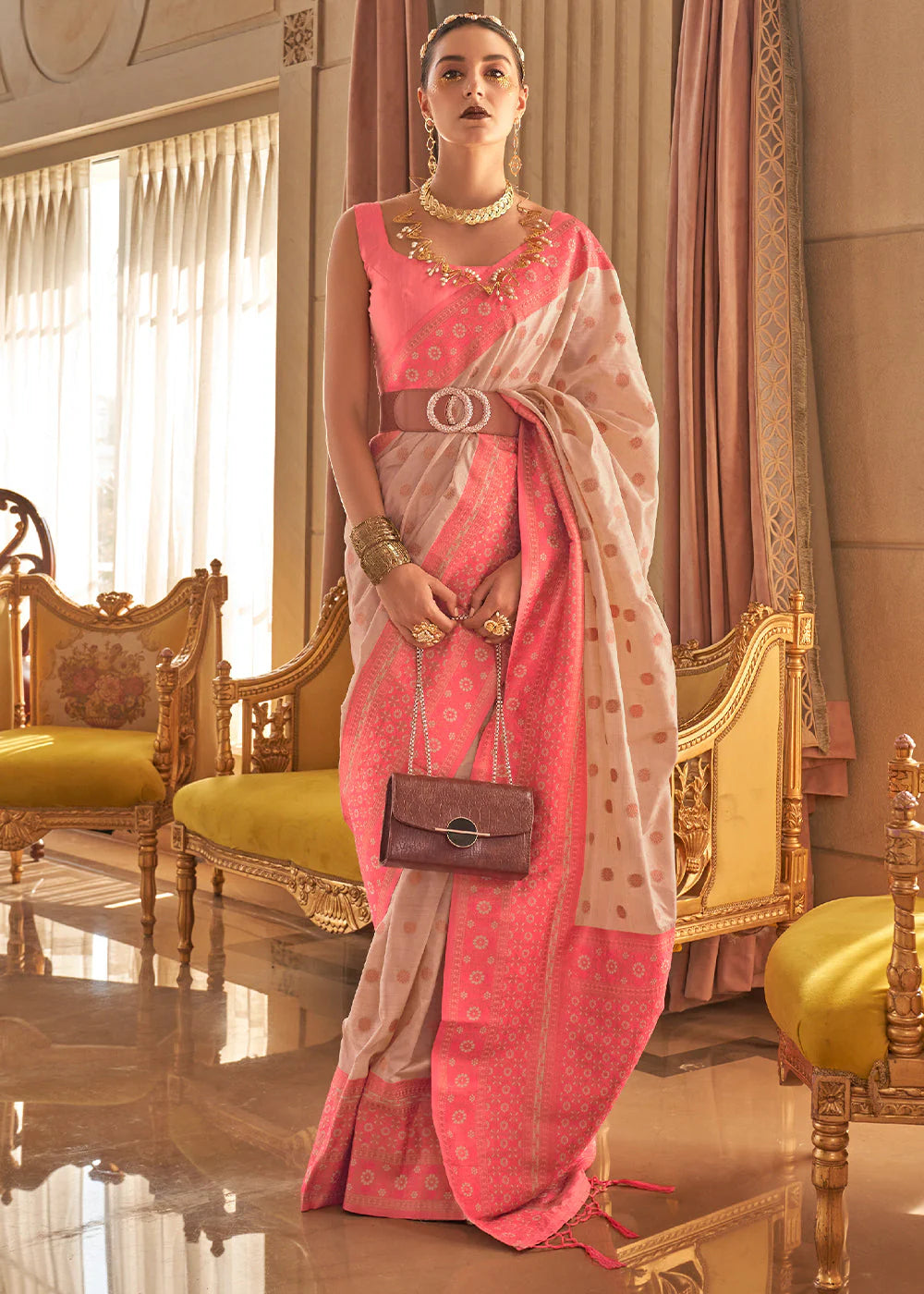 PINK BAMBOO COPPER ZARI HANDLOOM SILK SAREE