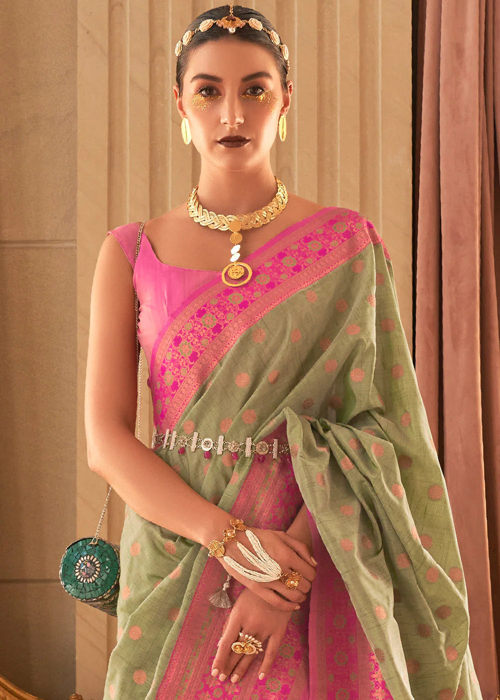 PISTA GREEN BAMBOO COPPER ZARI HANDLOOM SILK SAREE