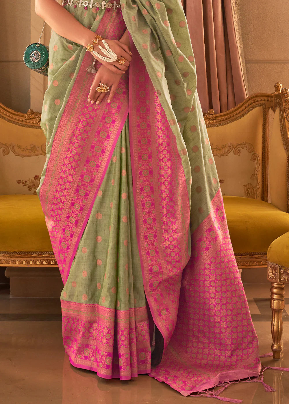 PISTA GREEN BAMBOO COPPER ZARI HANDLOOM SILK SAREE