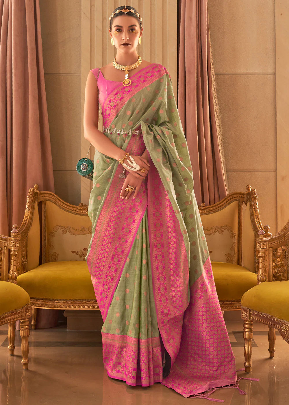 PISTA GREEN BAMBOO COPPER ZARI HANDLOOM SILK SAREE