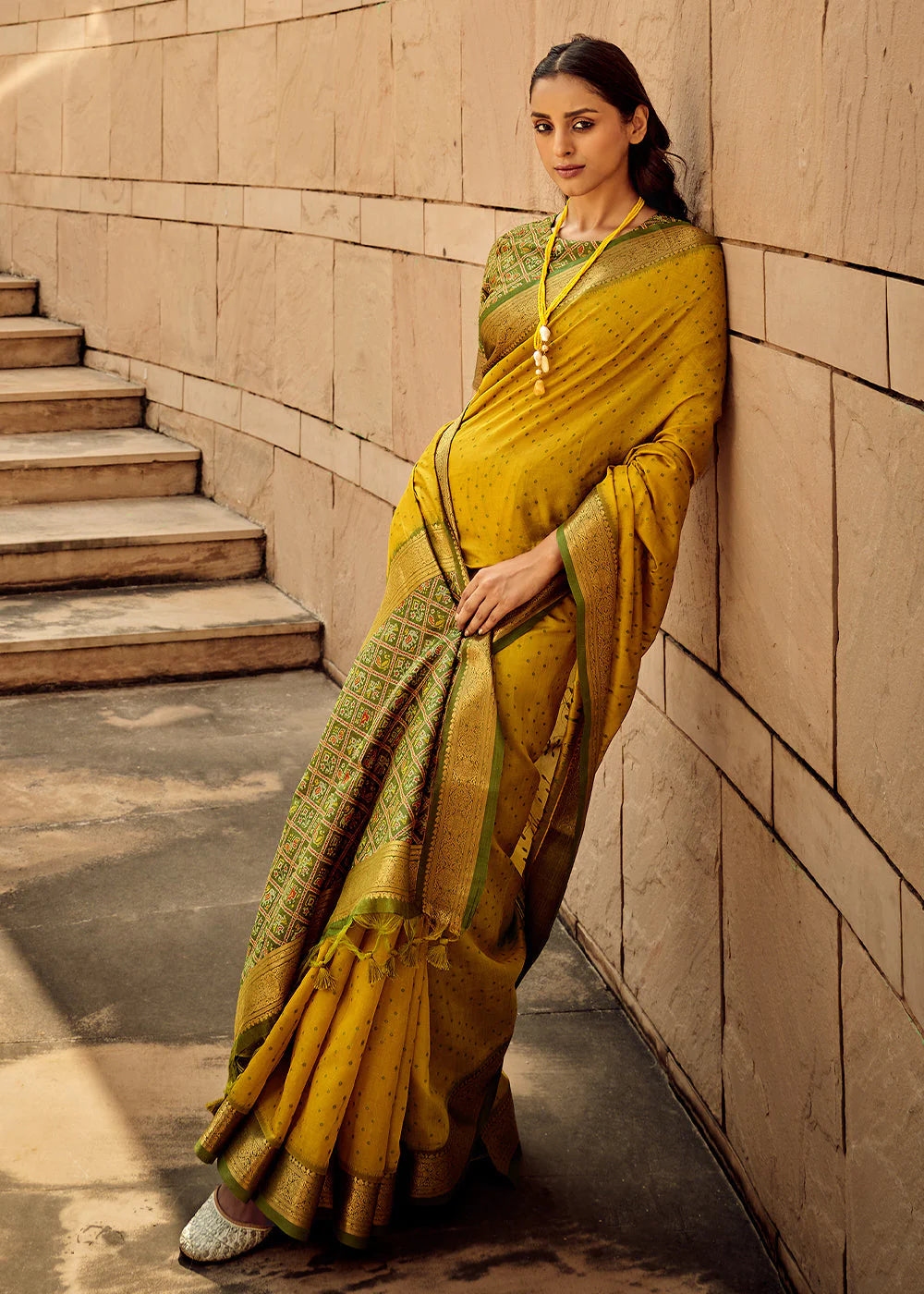 MUSTARD YELLOW WOVEN PATOLA SILK SAREE