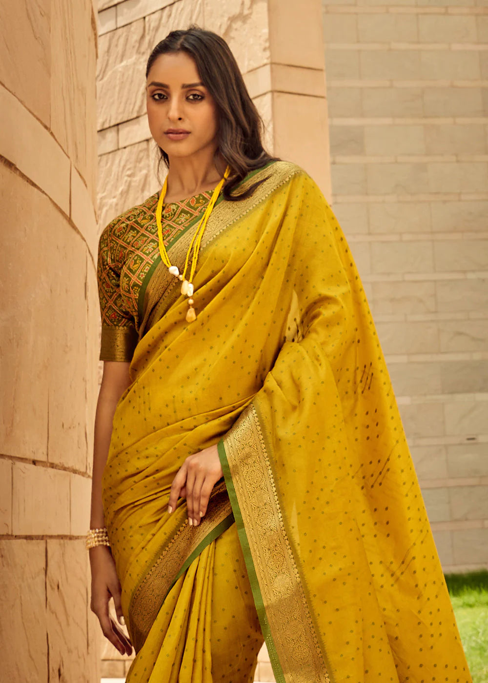 MUSTARD YELLOW WOVEN PATOLA SILK SAREE