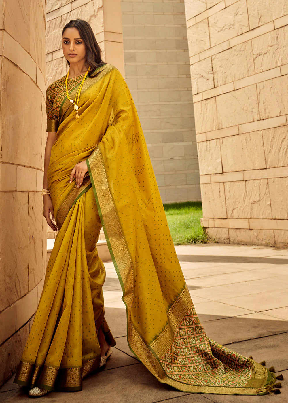 MUSTARD YELLOW WOVEN PATOLA SILK SAREE