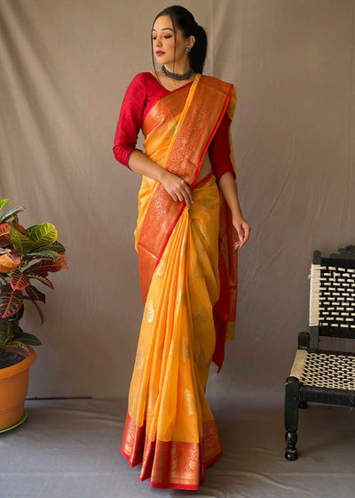 GOLDEN YELLOW Linen  Banarasi Silk Saree