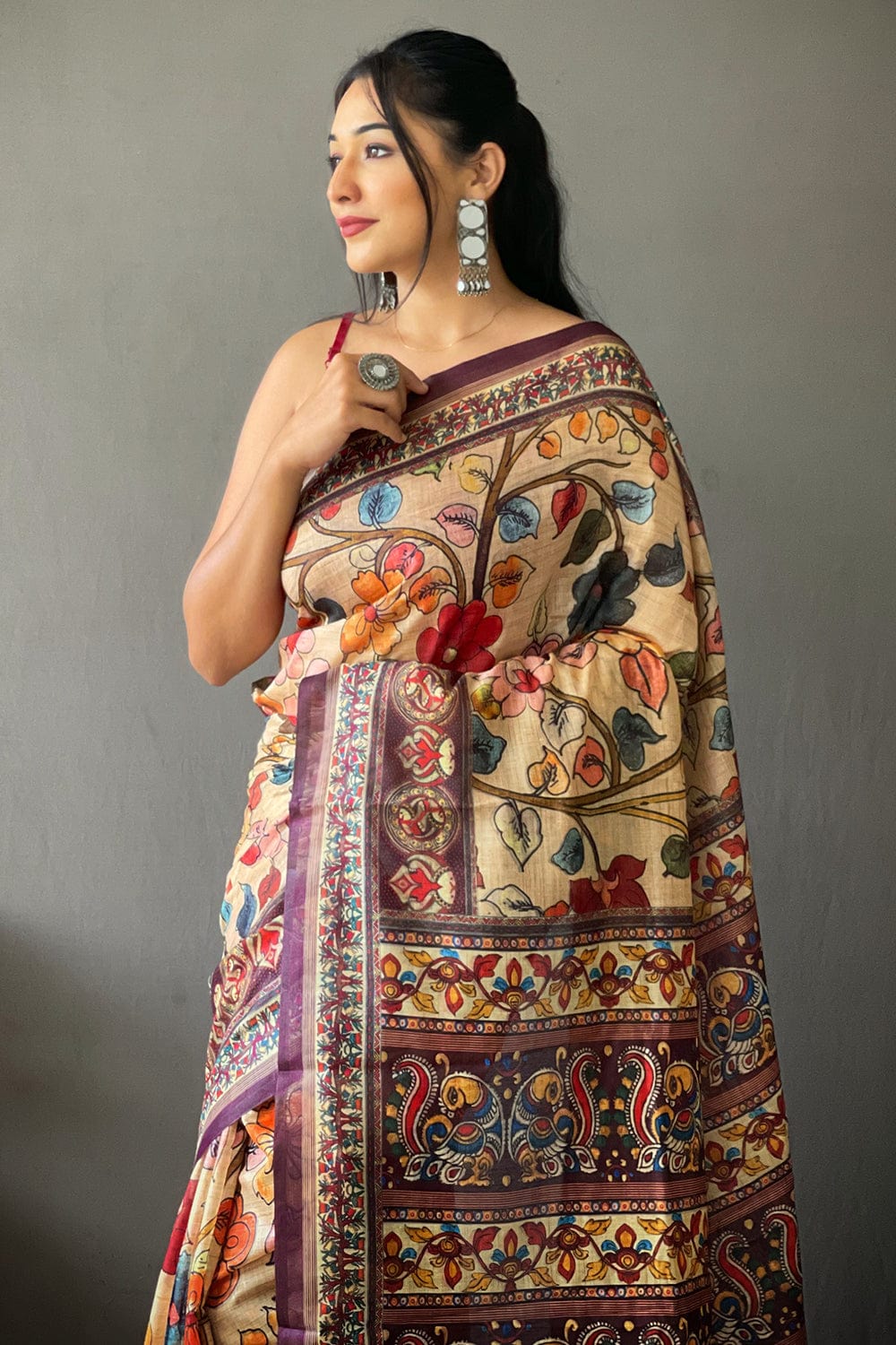 PEACH ORANGE KALAMKARI PRINTED SOFT COTTON SAREE