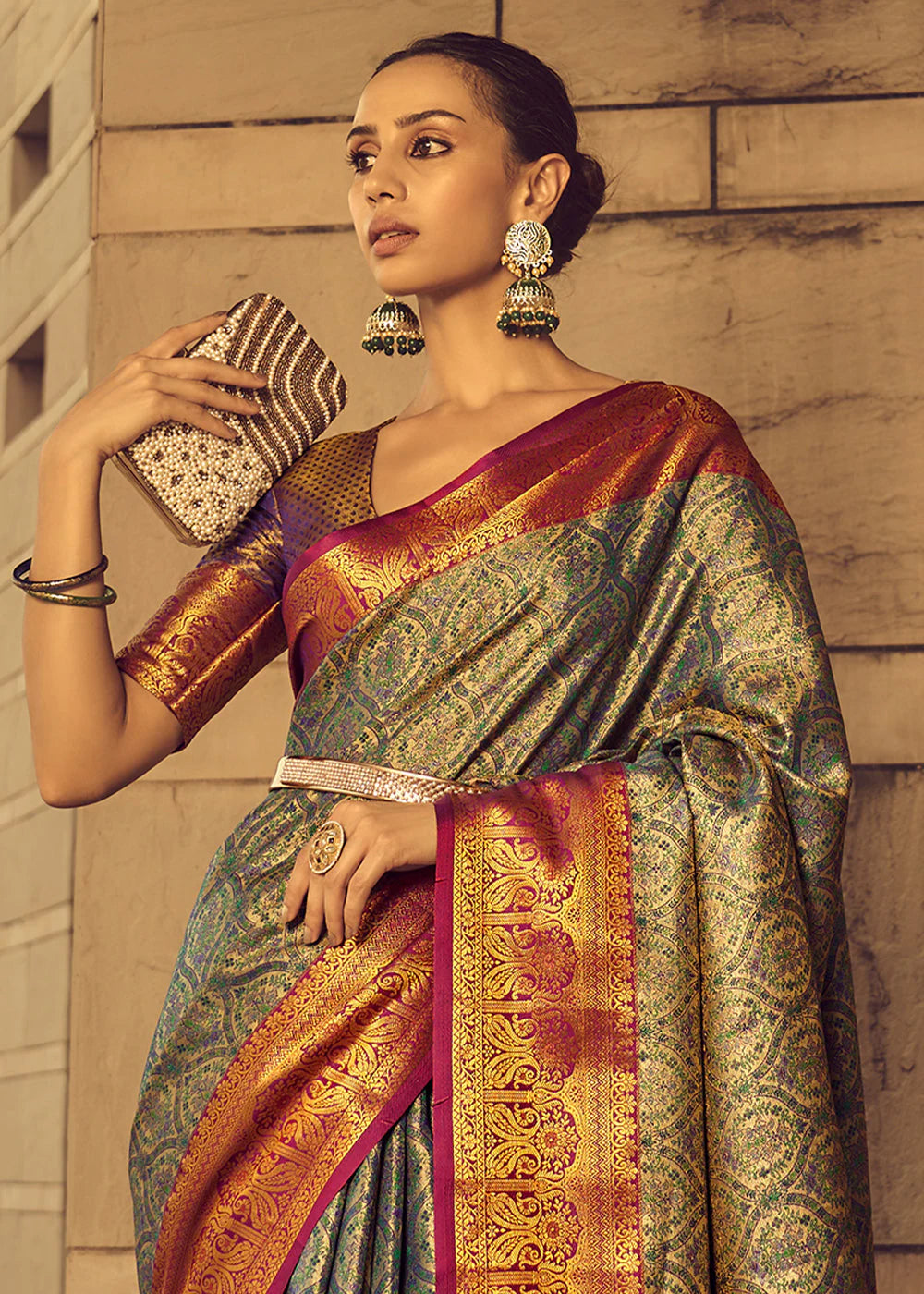 GREEN & PURPLE ZARI WOVEN BANARASI BROCADE SILK SAREE