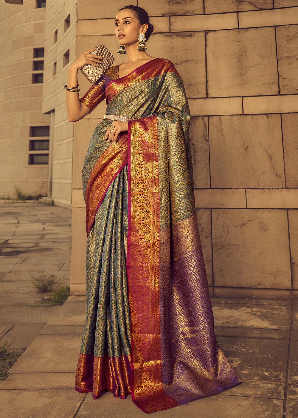 GREEN & PURPLE ZARI WOVEN BANARASI BROCADE SILK SAREE