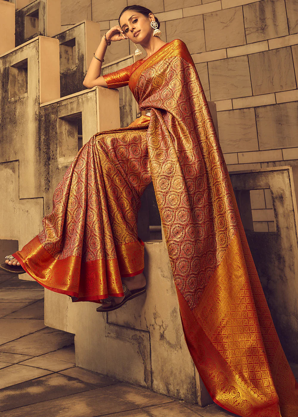 SHADES OF ORANGE ZARI WOVEN BANARASI BROCADE SILK SAREE