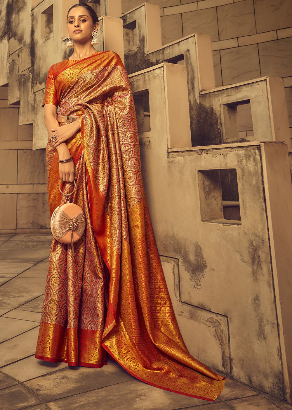 SHADES OF ORANGE ZARI WOVEN BANARASI BROCADE SILK SAREE