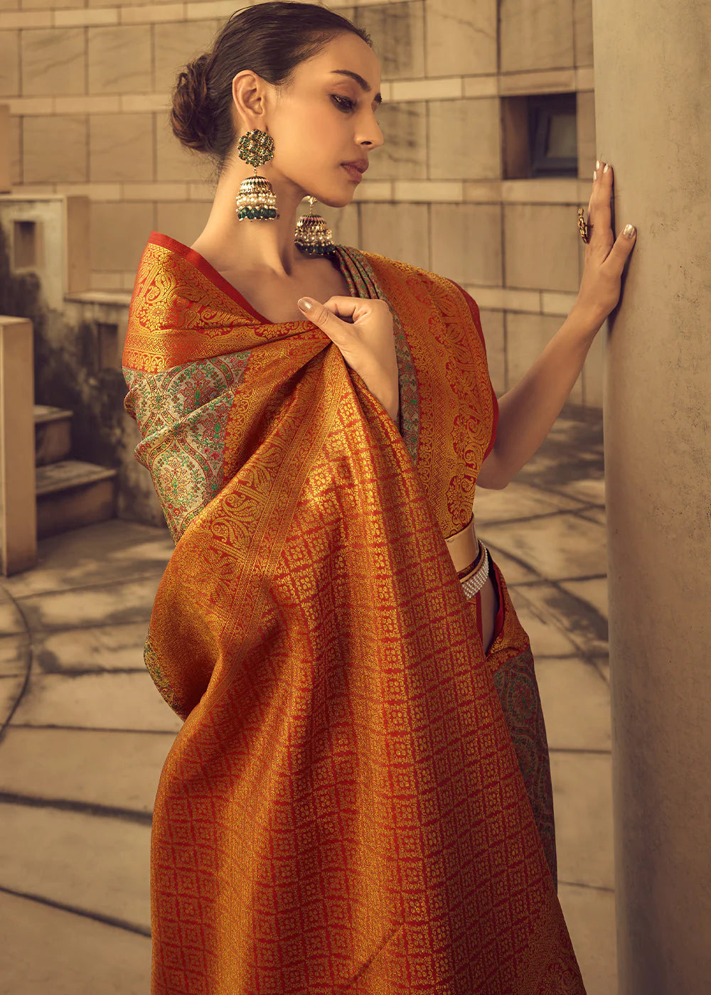 REDDISH ORANGE ZARI WOVEN BANARASI BROCADE SILK SAREE