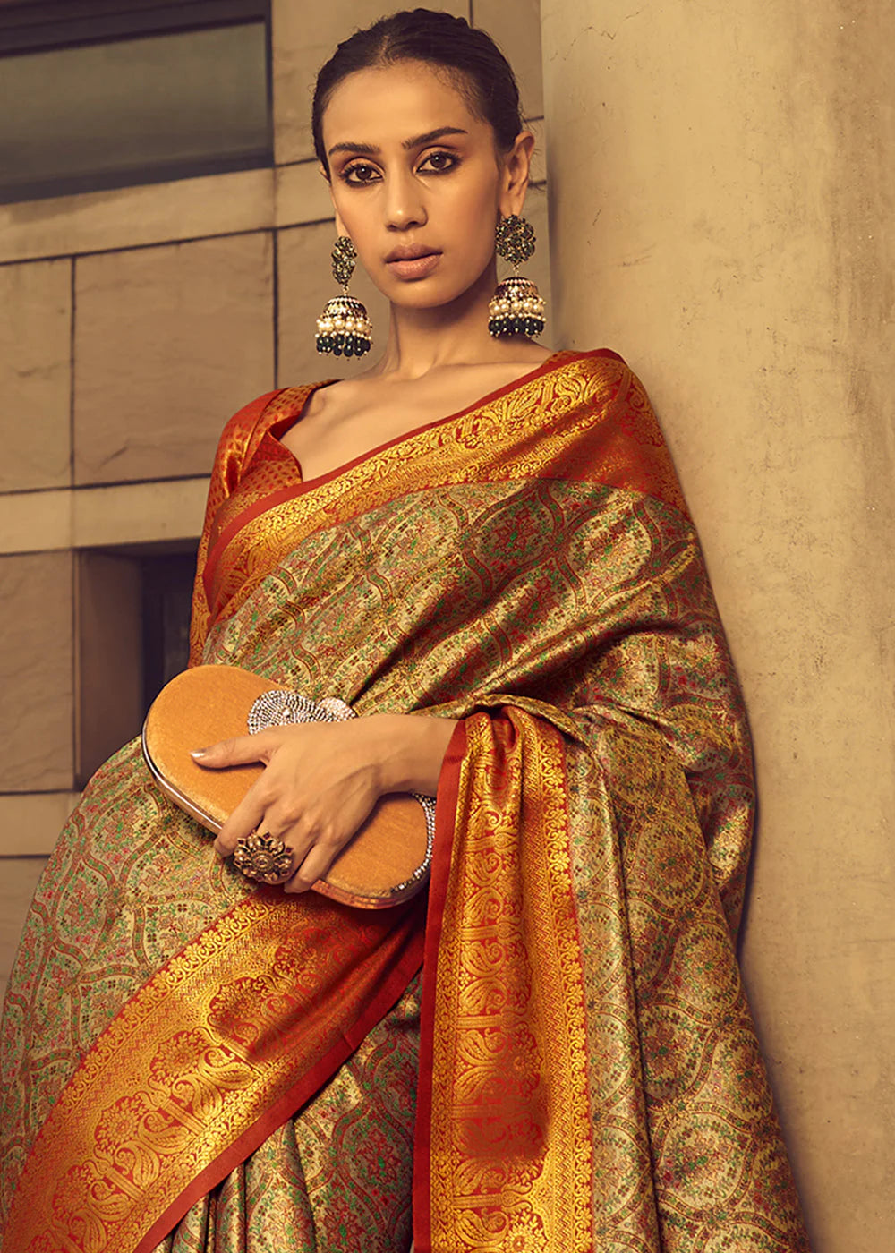 REDDISH ORANGE ZARI WOVEN BANARASI BROCADE SILK SAREE