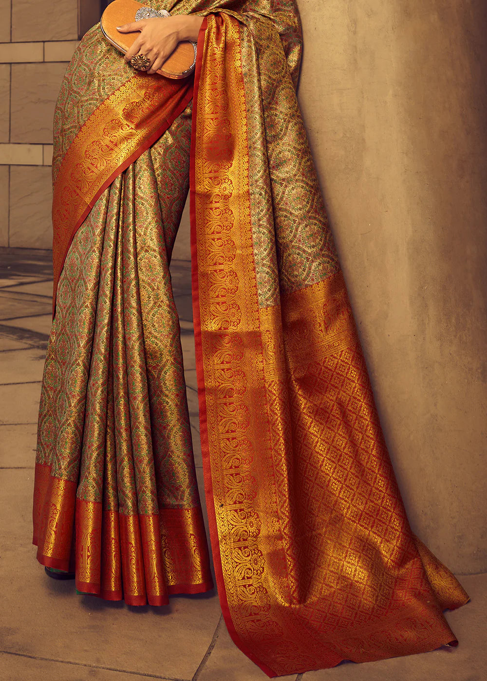 REDDISH ORANGE ZARI WOVEN BANARASI BROCADE SILK SAREE