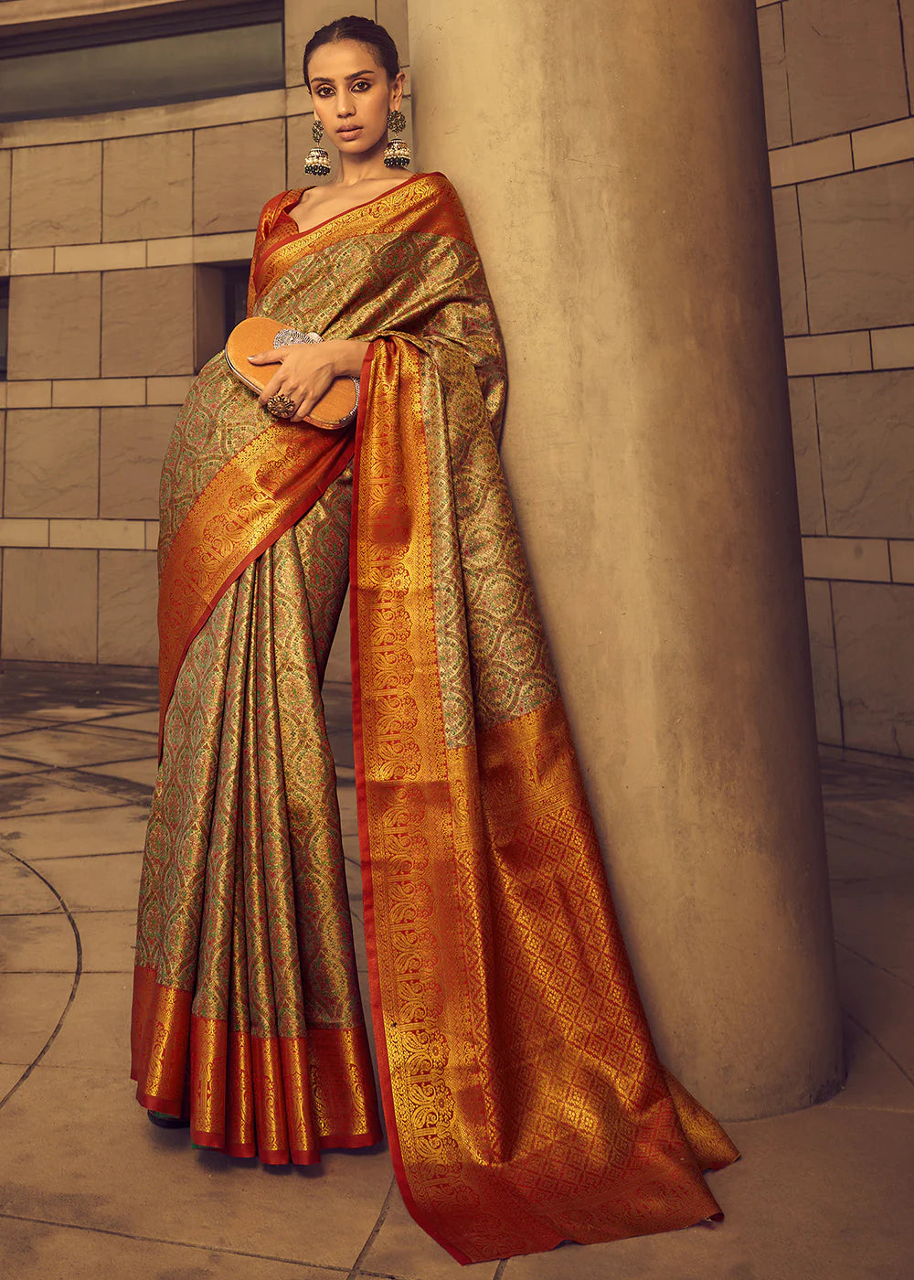 REDDISH ORANGE ZARI WOVEN BANARASI BROCADE SILK SAREE