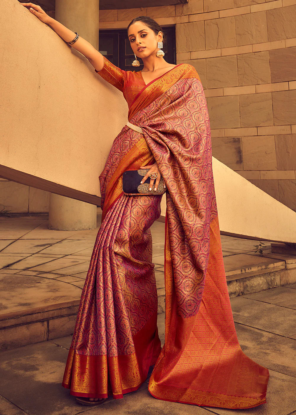 PURPLE & RED ZARI WOVEN BANARASI BROCADE SILK SAREE