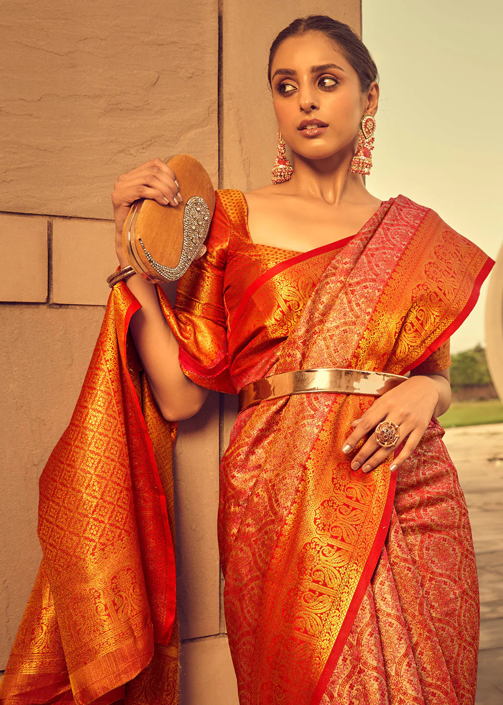 SHADES OF RED ZARI WOVEN BANARASI BROCADE SILK SAREE