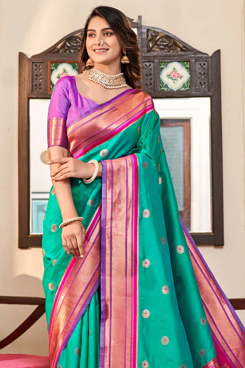 DARK CYAN GREEN WOVEN PAITHANI SILK SAREE