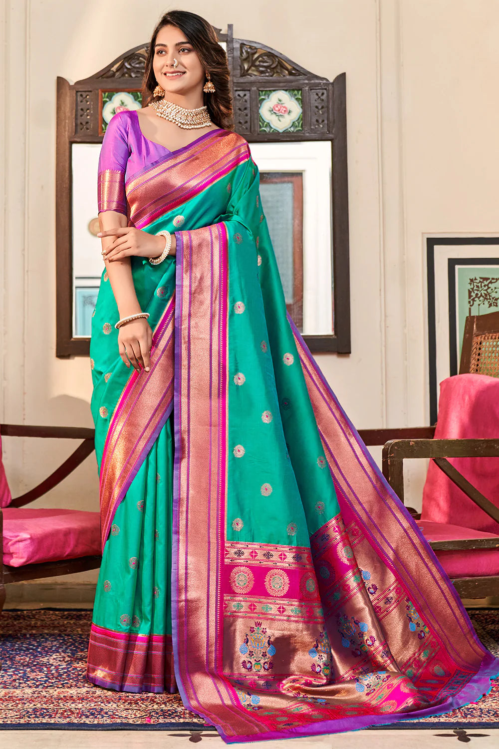 DARK CYAN GREEN WOVEN PAITHANI SILK SAREE