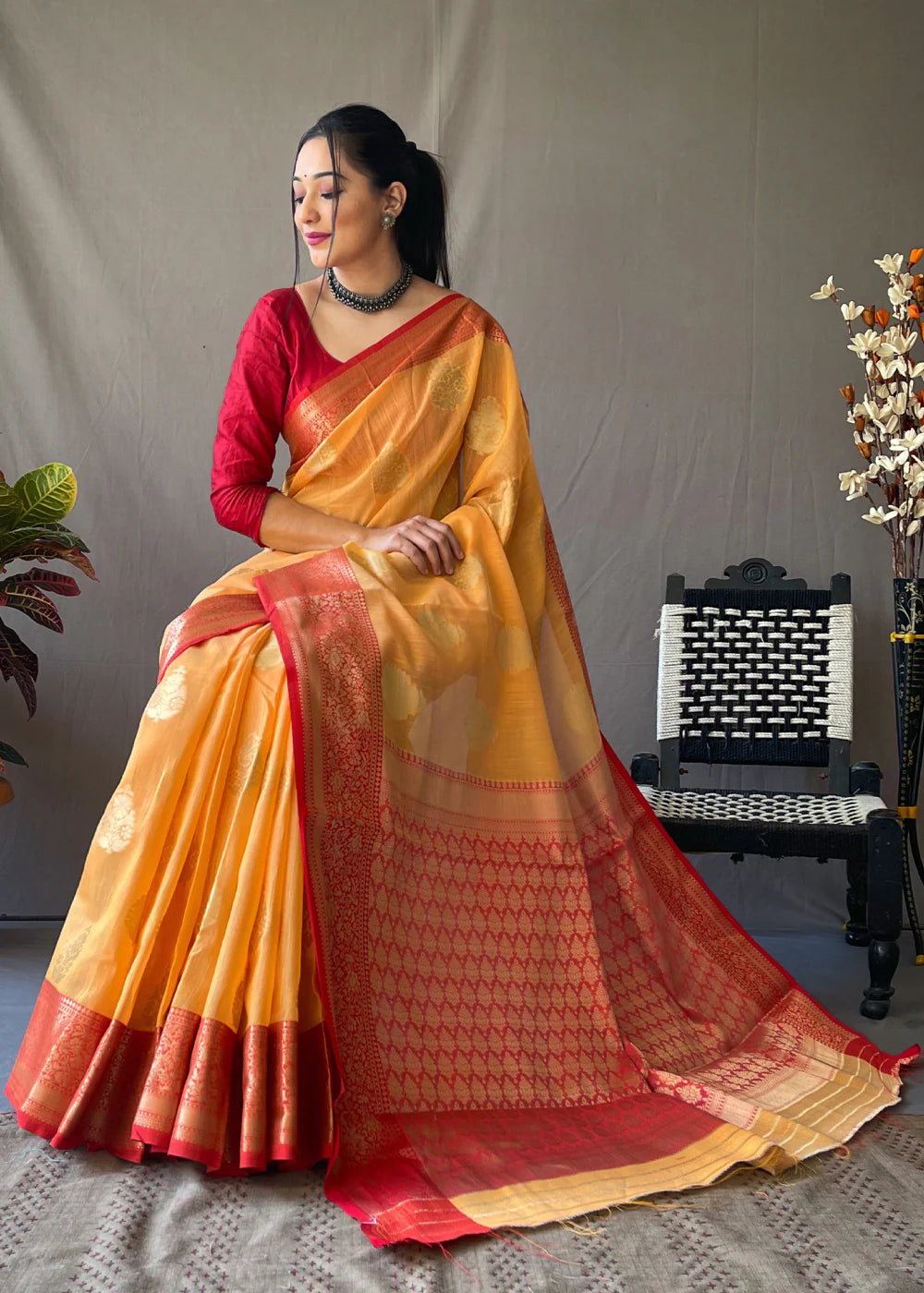 GOLDEN YELLOW Linen  Banarasi Silk Saree