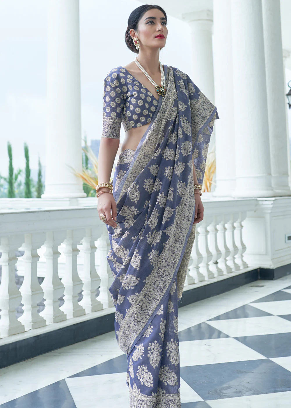 Twilight Greyish Blue Lucknowi Chikankari Cotton Saree