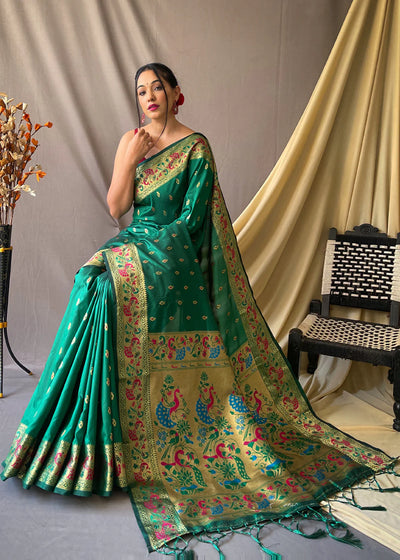JUNGLE GREEN Woven Paithani Silk Saree