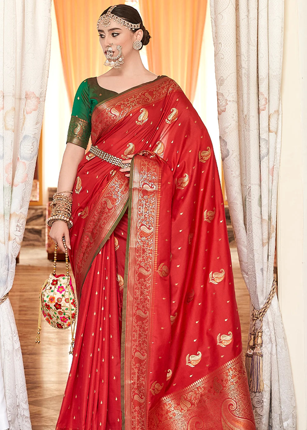 CRIMSON RED WOVEN BANARASI SILK SAREE