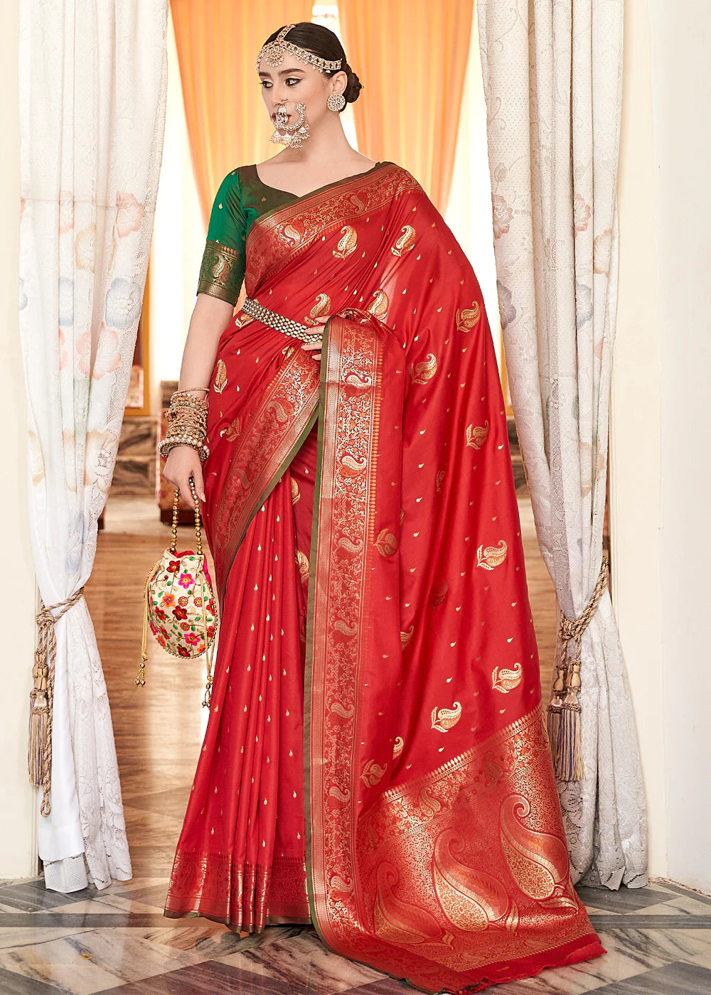 CRIMSON RED WOVEN BANARASI SILK SAREE