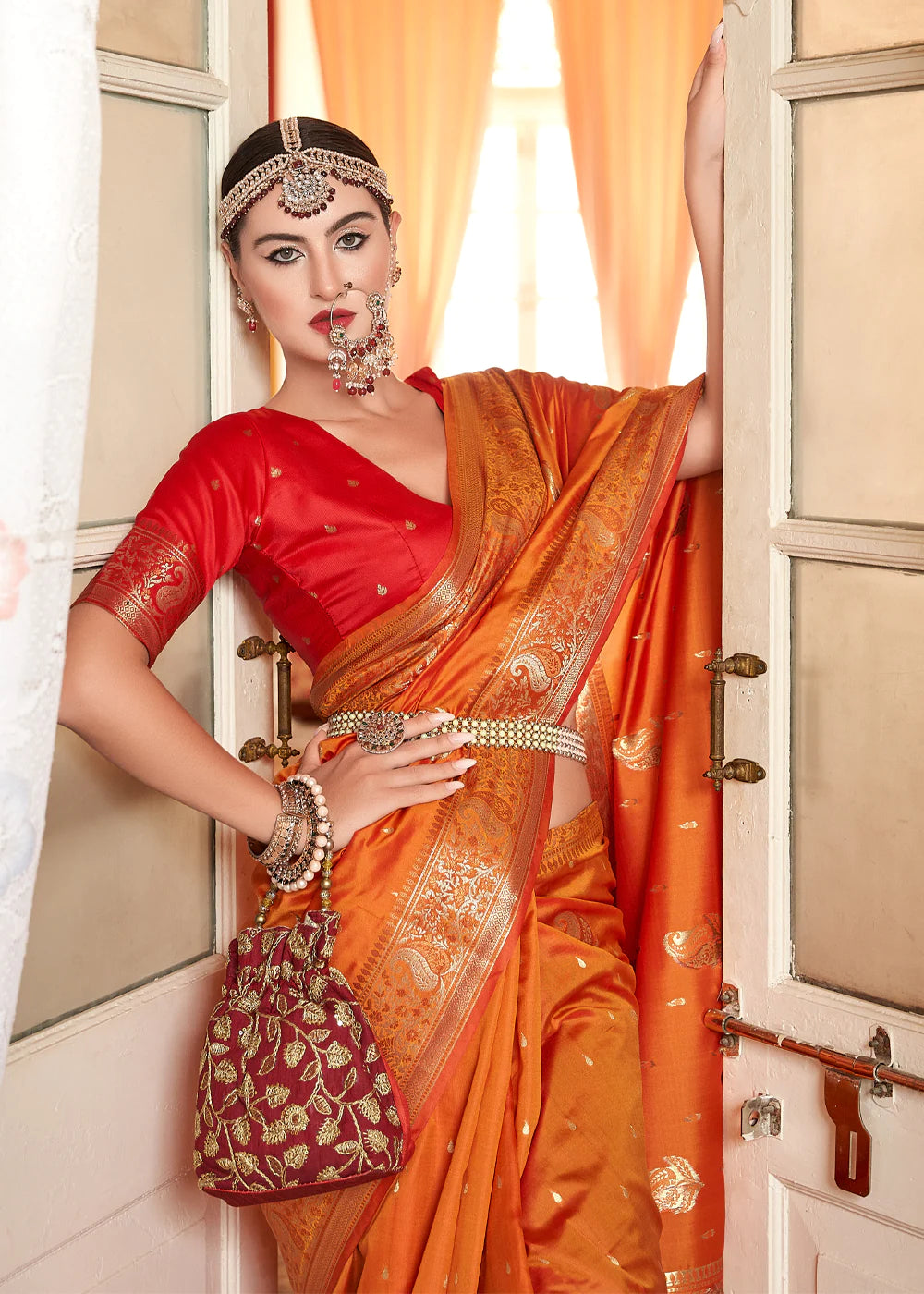 AMBER ORANGE WOVEN BANARASI SILK SAREE