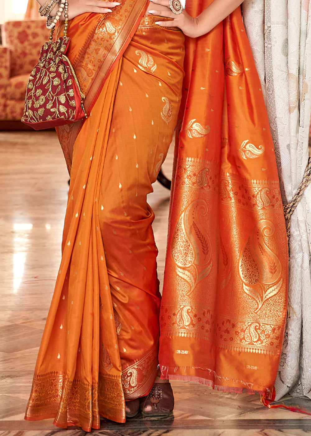 AMBER ORANGE WOVEN BANARASI SILK SAREE