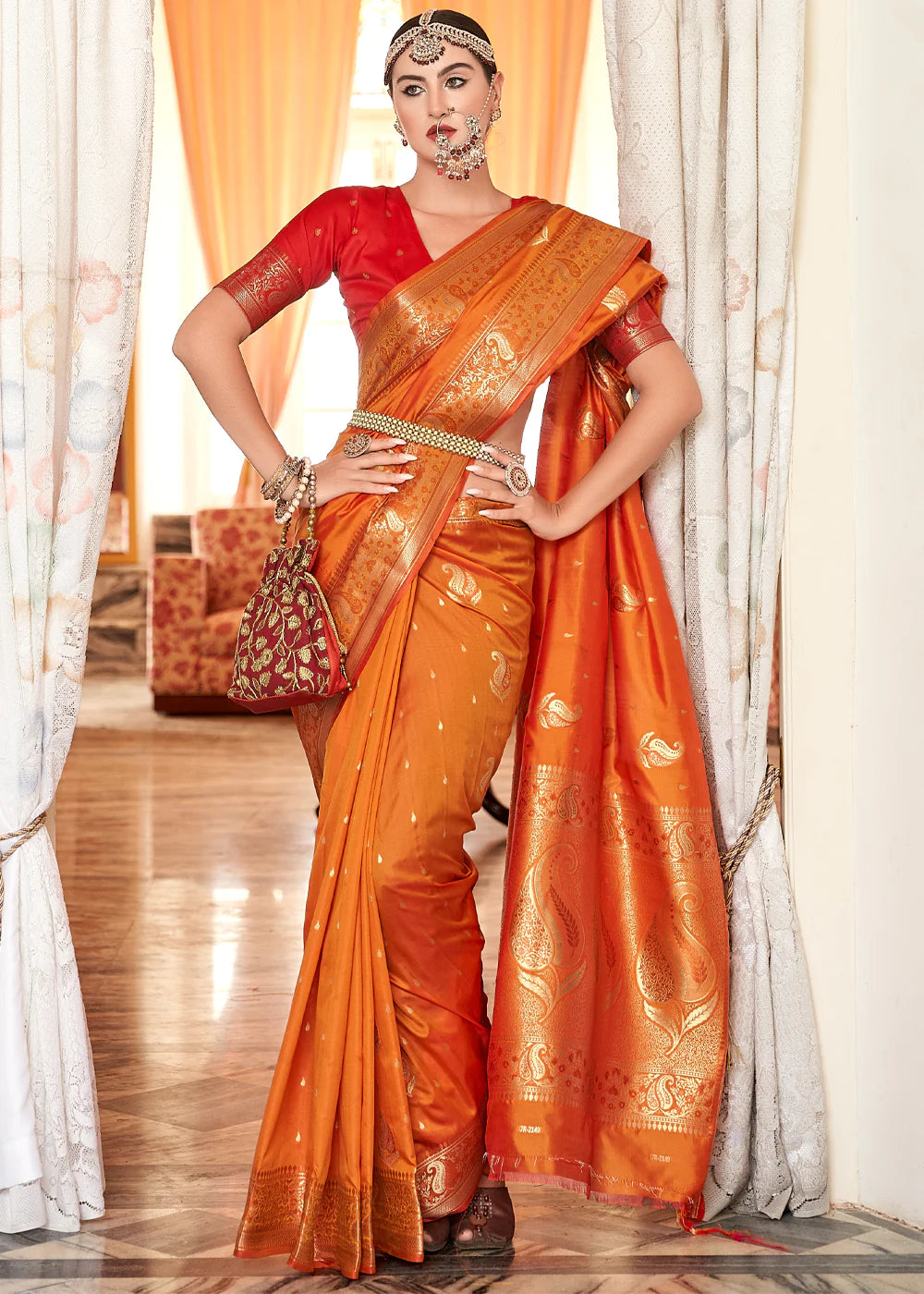 AMBER ORANGE WOVEN BANARASI SILK SAREE