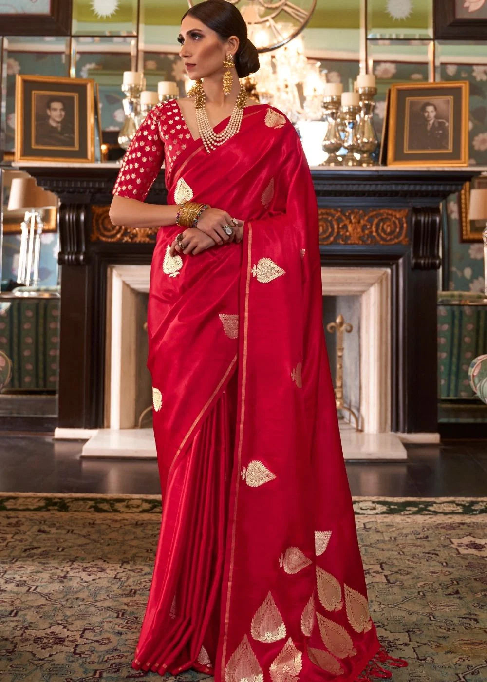 ROSE READ ZARI BUTTA WOVEN BANARASI SILK SAREE