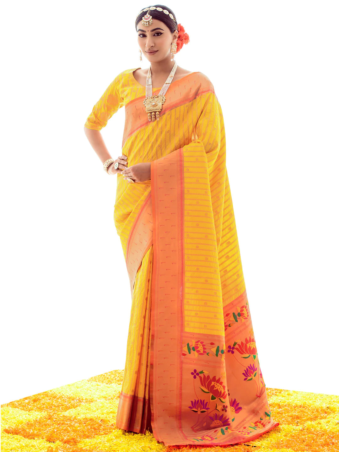 YELLOW Paithani Silk Saree With Zari