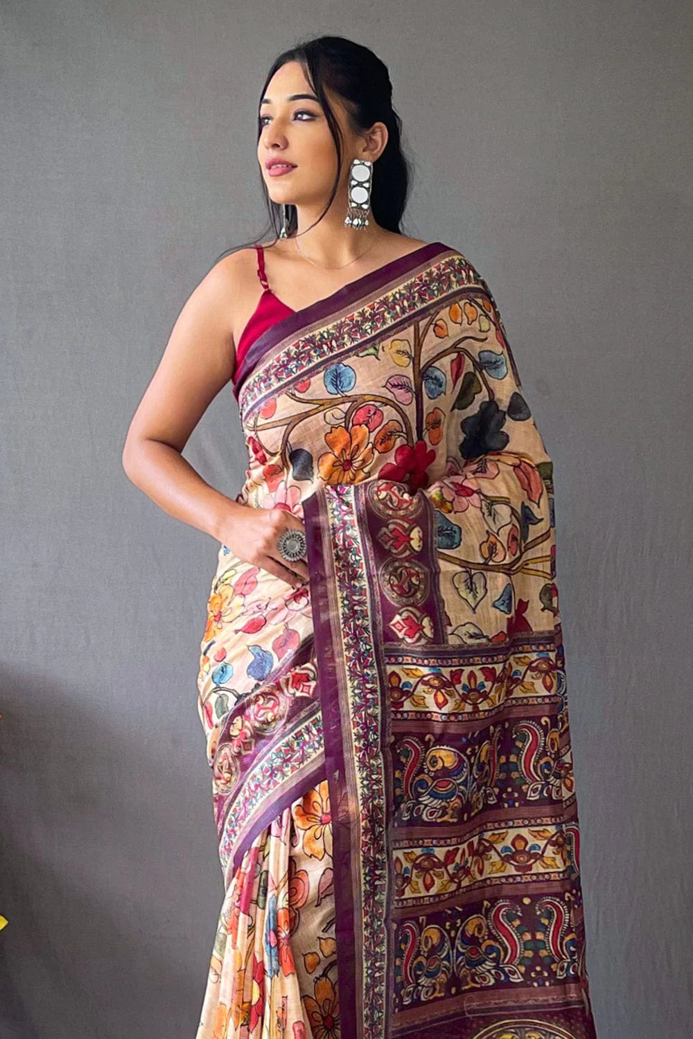 PEACH ORANGE KALAMKARI PRINTED SOFT COTTON SAREE