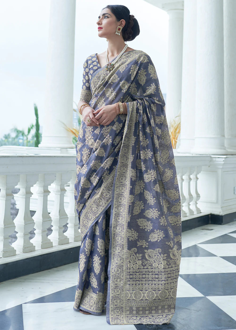 Twilight Greyish Blue Lucknowi Chikankari Cotton Saree