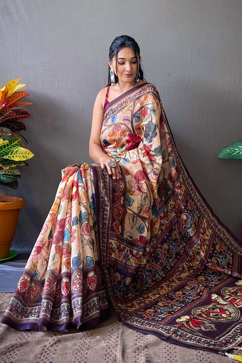 PEACH ORANGE KALAMKARI PRINTED SOFT COTTON SAREE