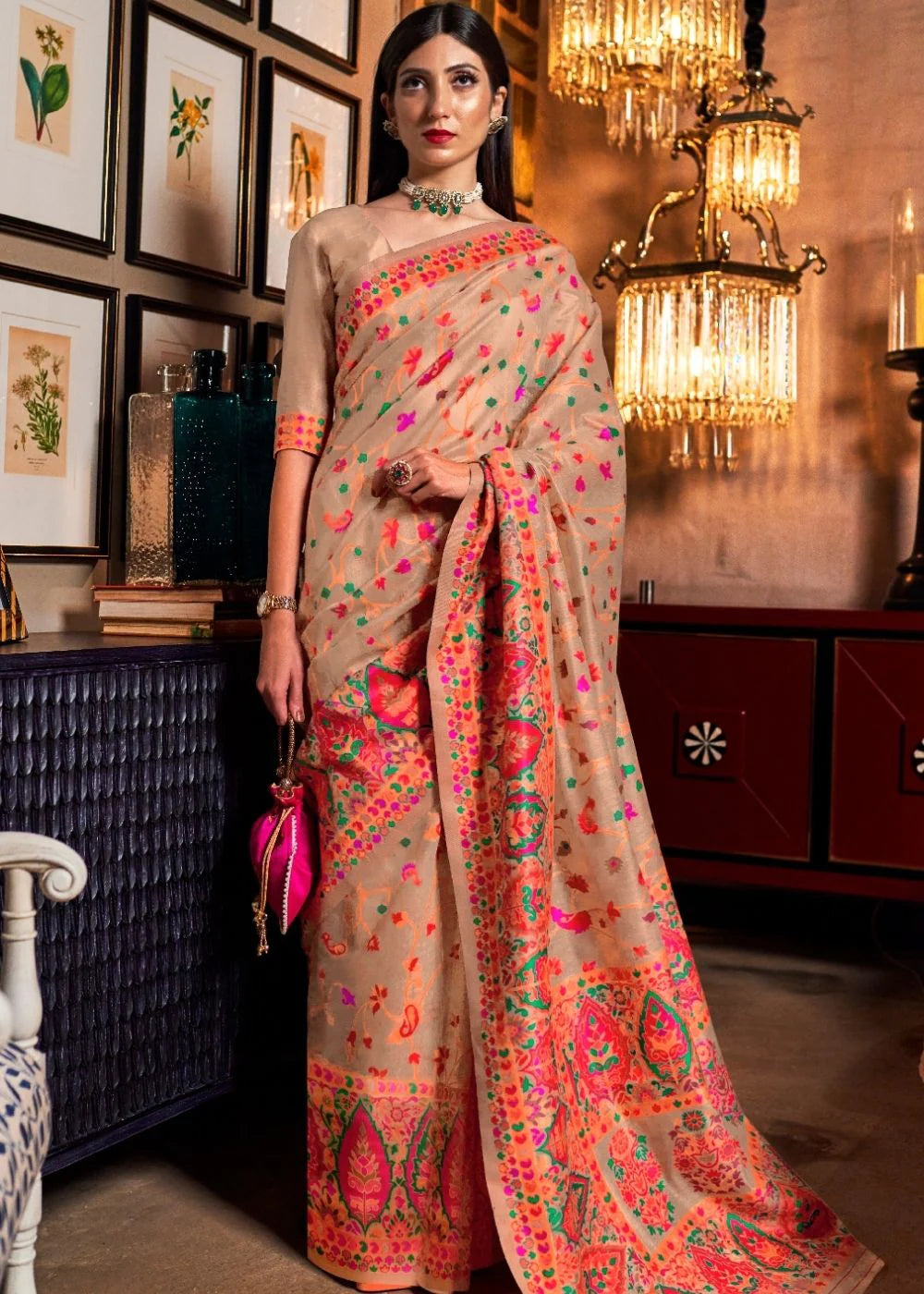 BEIGE BANARASI JAMWAR KASHMIRI WEAVING SAREE