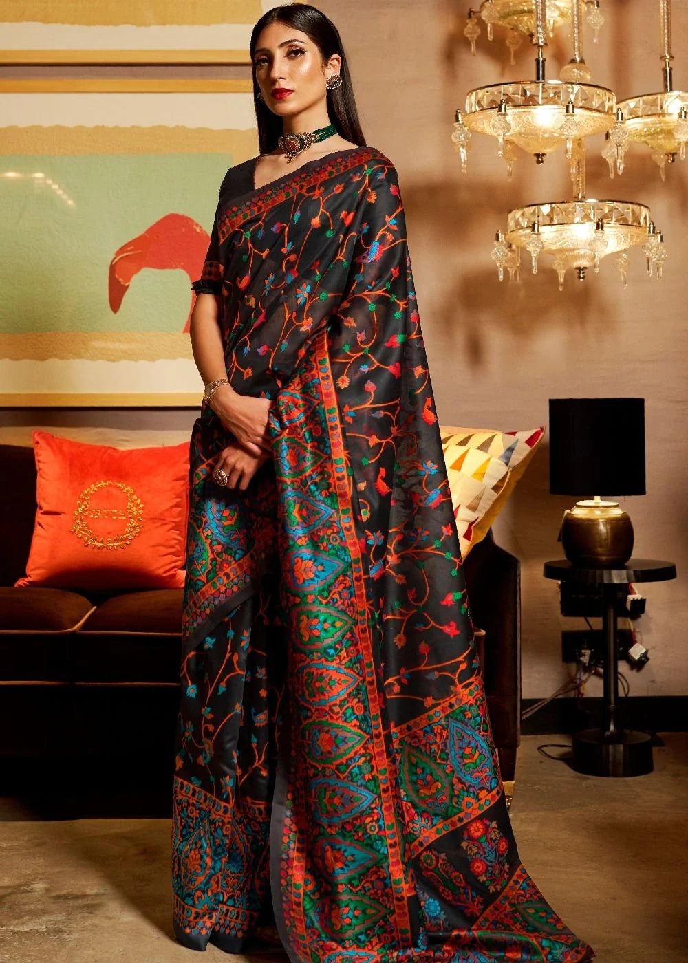 RAVEN BLACK BANARASI JAMWAR KASHMIRI WEAVING SAREE